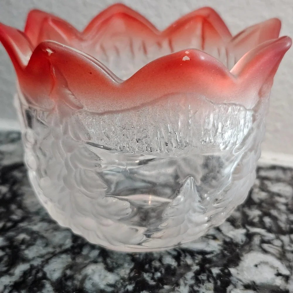 Vintage Red Trimmed Frosted Glass Candle Holder Winter‎ Scene Christmas Decor